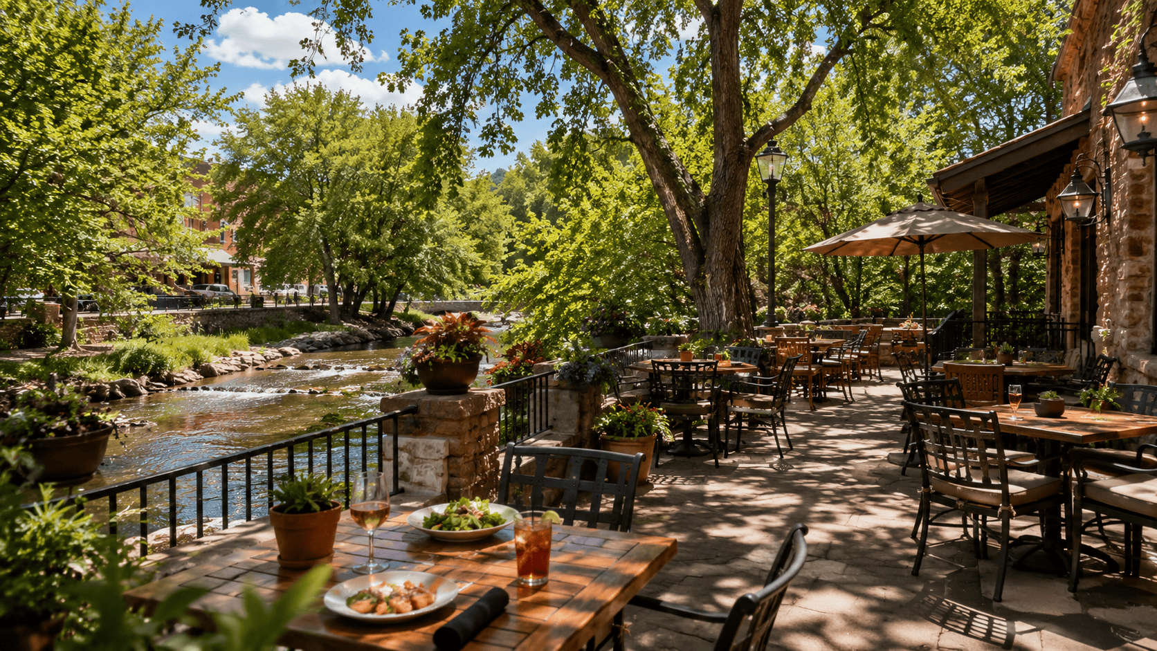 Patio at a creekside restaurant