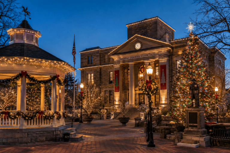 Prescott Courthouse Plaza decorated for Christmas holiday.