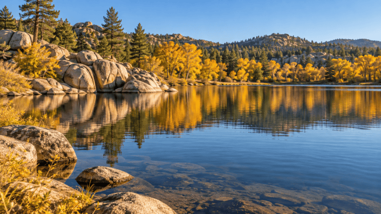 Golden autumn cottonwoods and granite boulders reflected in a calm lake near Prescott, Arizona