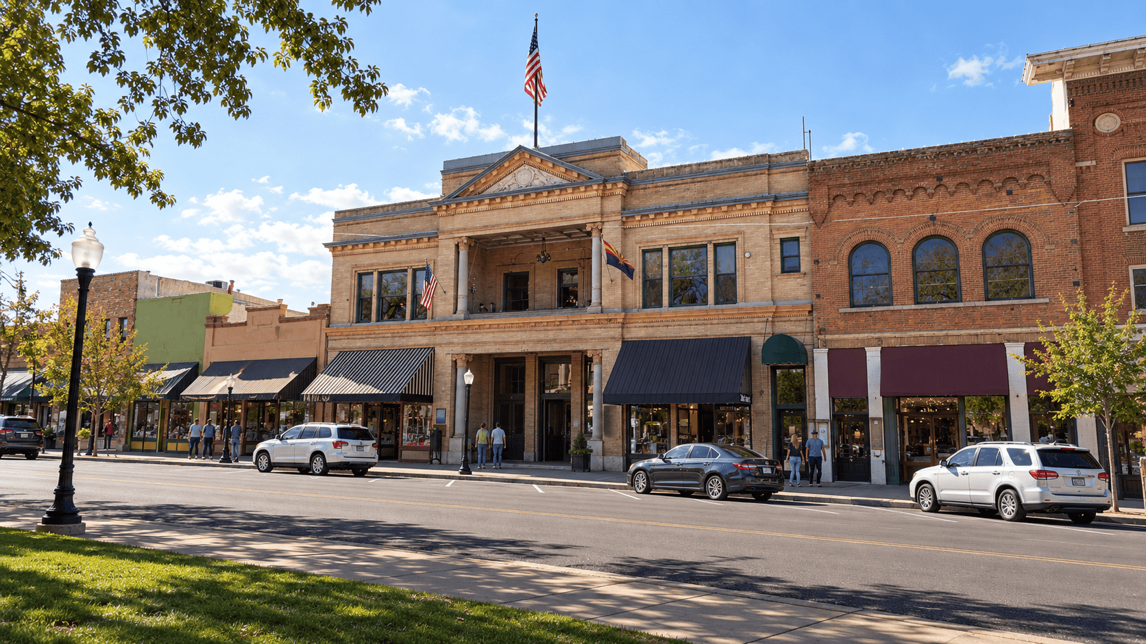 Historic brick and stone storefronts with awnings across the street from a shady courthouse lawn in a small Arizona downtown