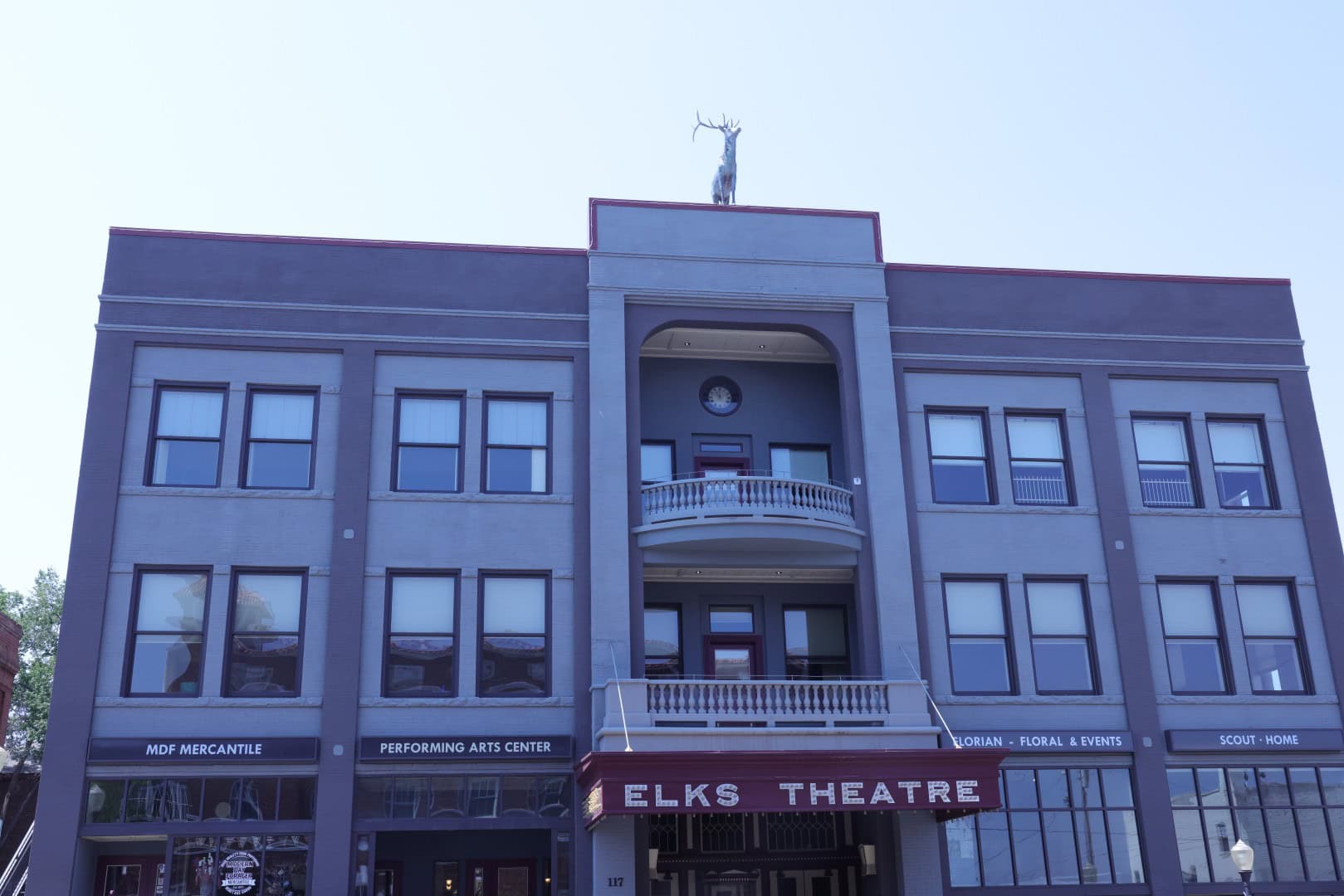 Elks Theatre building with its marquee and elk statue on the roof on Gurley Street in downtown Prescott, Arizona