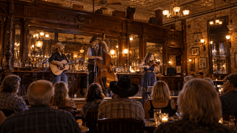 Acoustic trio playing in a historic saloon with a carved wooden back bar in Prescott, Arizona