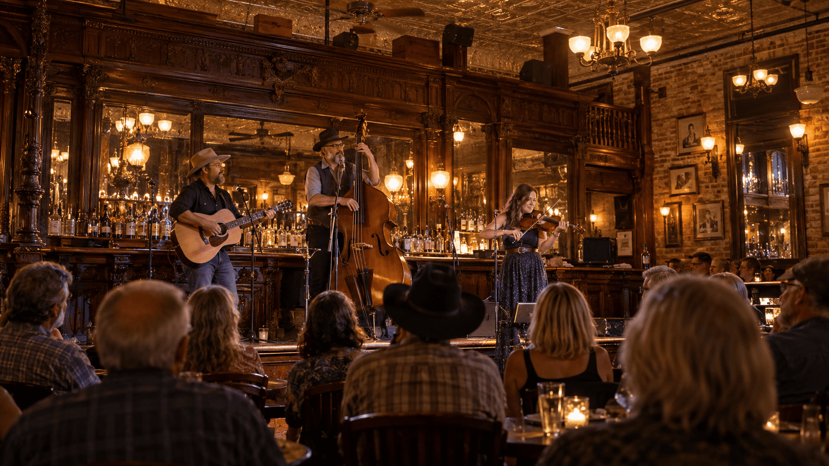 Acoustic trio playing in a historic saloon with a carved wooden back bar in Prescott, Arizona