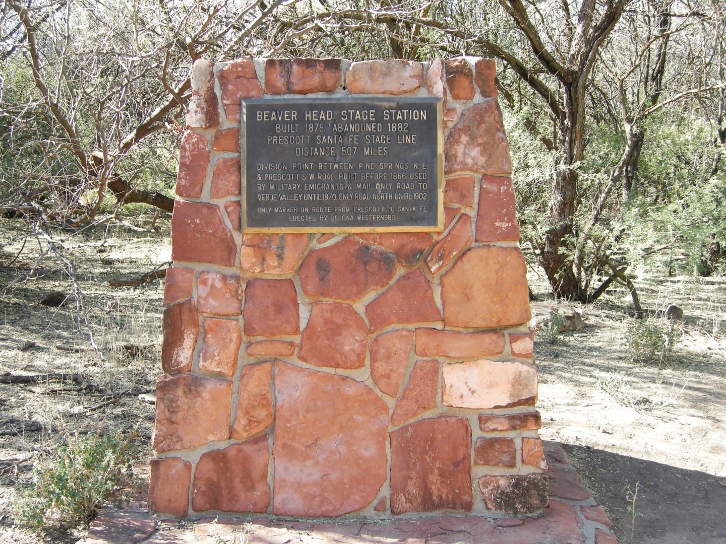 Stone marker for the Beaver Head Stage Station on the old Prescott to Santa Fe stage line, built 1876 and abandoned 1882