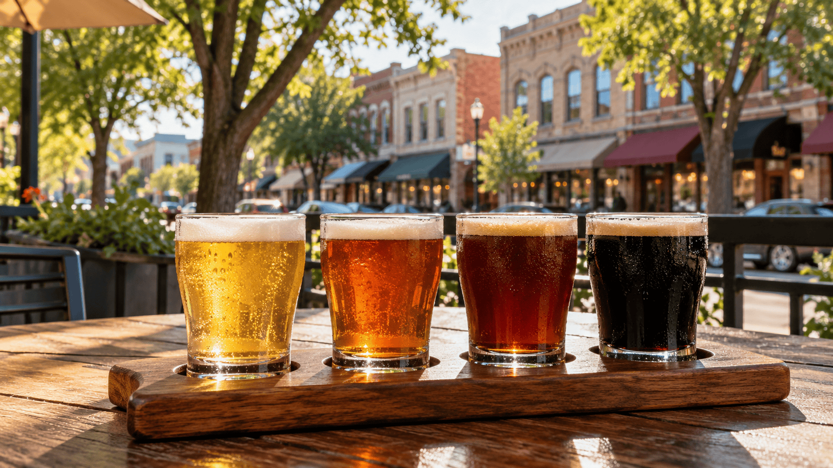 Flight of four craft beers on a patio table with historic brick storefronts in downtown Prescott, Arizona