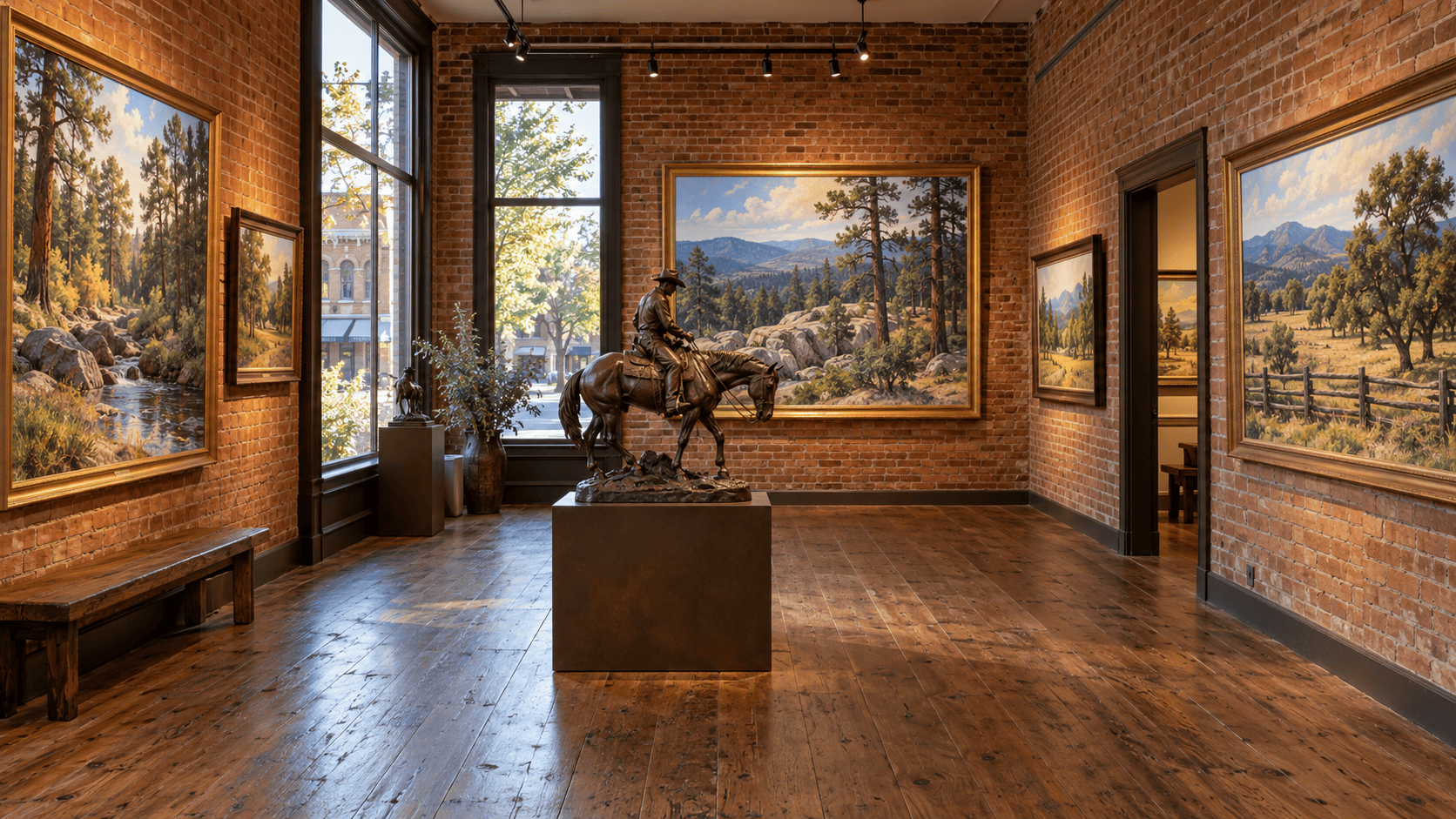 Art gallery with Western landscape paintings and a bronze horse-and-rider sculpture in a historic brick building